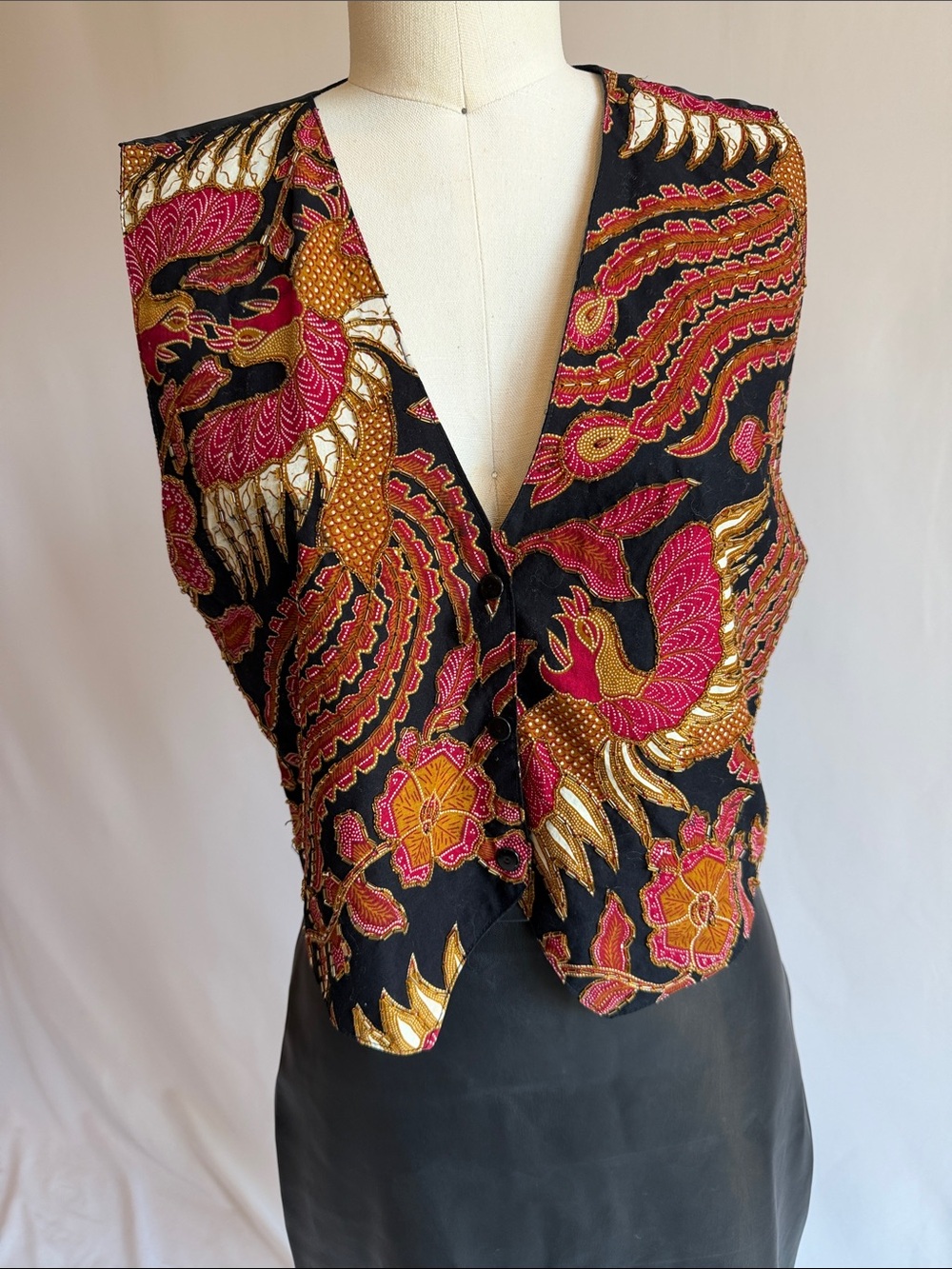Black Embroidered Floral & Feather Vest with Pink and Gold Accents